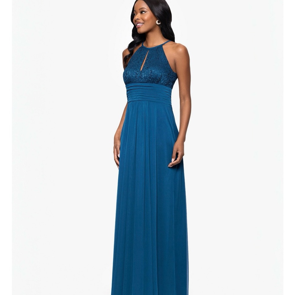 Betsy & Adam Teal Halter Sequin Chiffon Gown Petite Size 2P Formal Evening - Picture 6 of 8